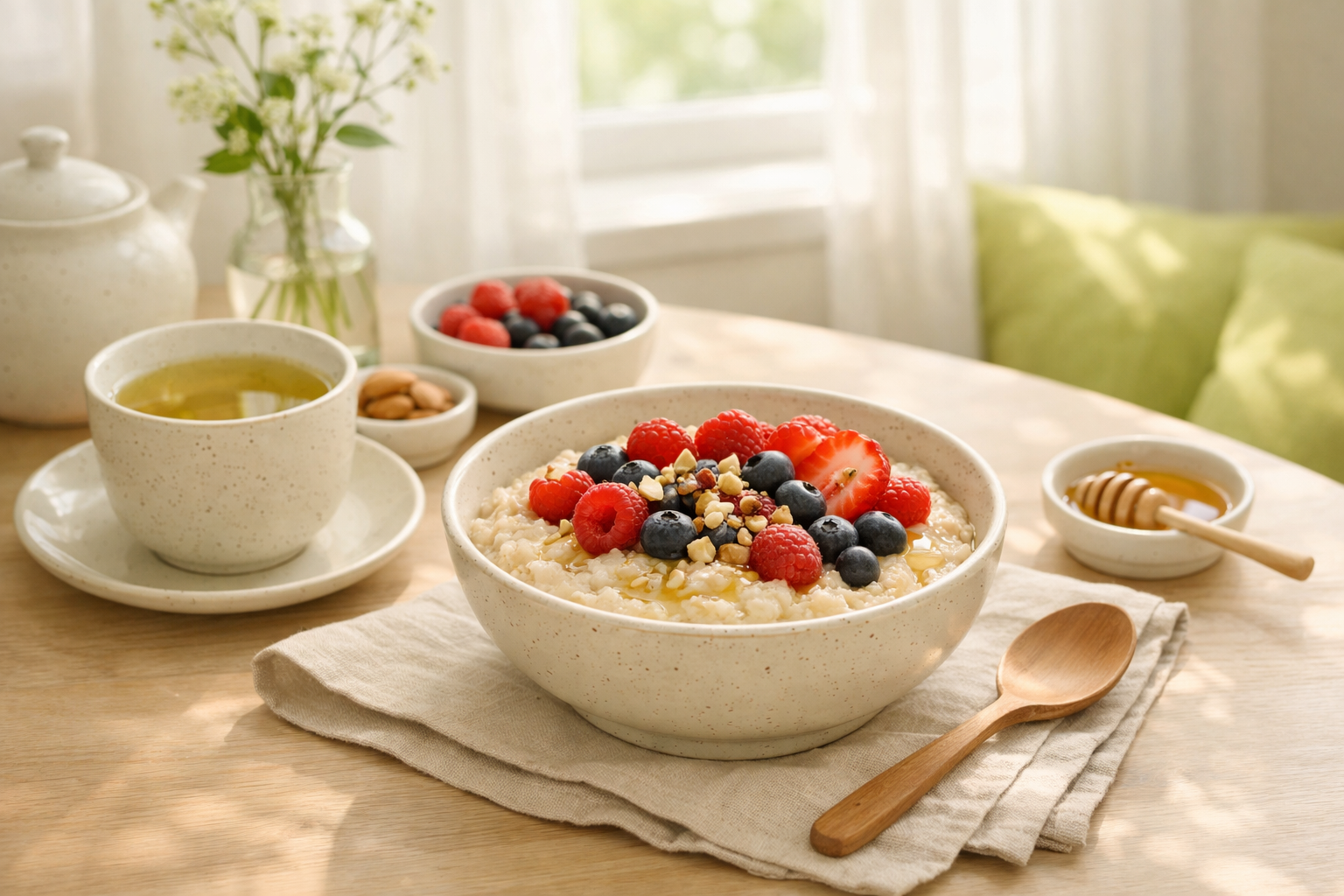 Cozy breakfast table with warm oatmeal bowl topped with fresh berries and nuts, herbal tea in ceramic cup, natural morning light through window, minimalist styling, soft cream and lime green tones