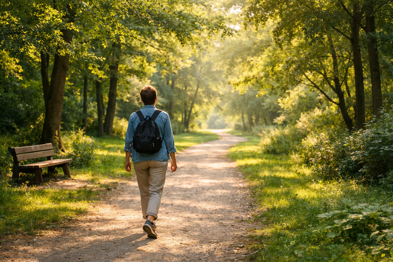 Person walking on peaceful park path surrounded by green trees, soft afternoon light, relaxed posture, wellness lifestyle concept, natural outdoor setting, serene atmosphere